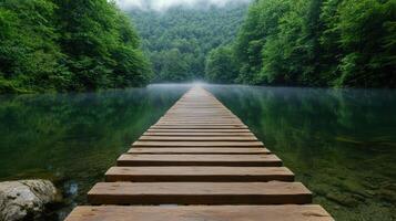 A wooden bridge over a river in the forest photo