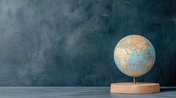 World globe on wooden stand against dark background photo