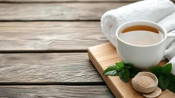 A cup of tea and a towel on a wooden table photo