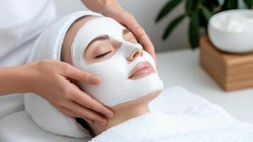 A woman getting a facial mask at a spa photo