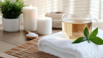 A glass of tea and a towel with a green leaf photo