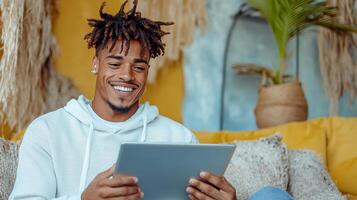 A man with dreadlocks is sitting on a couch and using a tablet photo