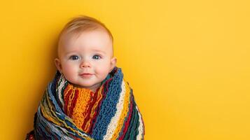 A baby wrapped in a colorful blanket photo