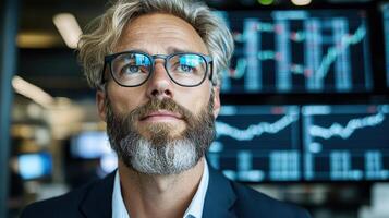 A man with glasses and a beard looking up at a screen photo