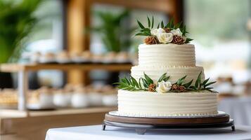 A three layer wedding cake with greenery on top photo