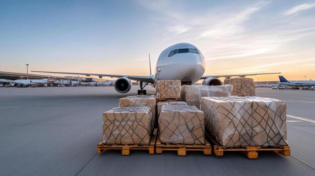 An airplane is parked on the tarmac with boxes on pallets photo