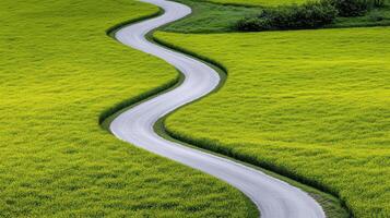 A winding road in a green field photo