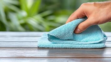 A person cleaning a table with a blue cloth photo