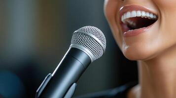 A woman is singing into a microphone photo