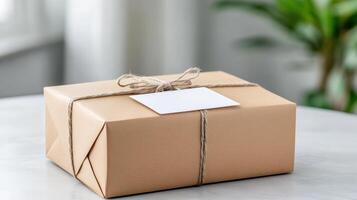 Brown paper box with a blank label on the front photo
