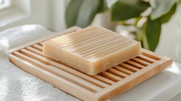 A wooden soap bar on a towel on a window sill photo