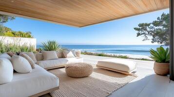 A white couch sits on a wooden deck overlooking the ocean photo