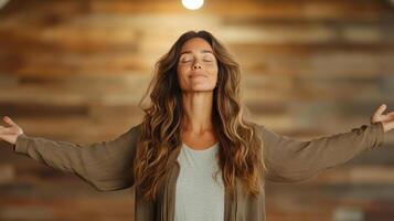 A woman with her arms outstretched and her eyes closed photo