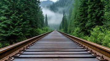 A railroad track in the forest with trees and fog photo