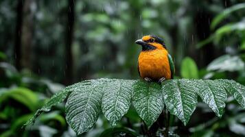 A colorful bird sits on a leaf in the rain photo