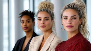 Three women standing in an office with their arms crossed photo