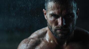 A man with a shirtless body is standing in the rain photo