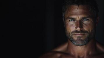 A man with no shirt on looking at the camera photo