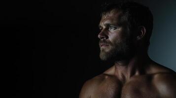 A man with no shirt on in the dark photo