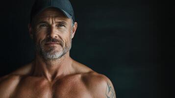 A shirtless man with a cap on his head photo