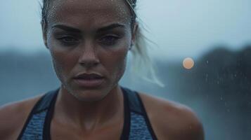 A woman is looking at the camera while running in the rain photo
