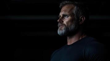 A man with a beard and a beard standing in front of a black background photo