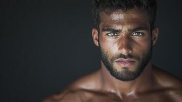 un hombre con un muscular cuerpo y un barba foto