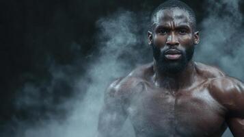 A muscular man with a beard and chest covered in smoke photo