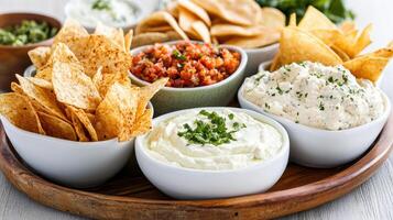 A bowl of chips, dip and tortilla chips photo