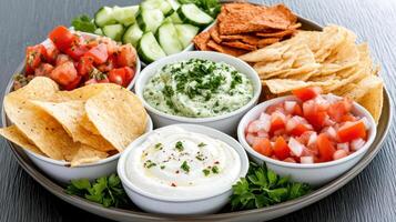 A plate with chips, salsa, and dip photo