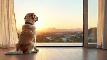 A dog sitting on a hardwood floor looking out a window photo