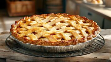 A pie sitting on a cooling rack on a table photo