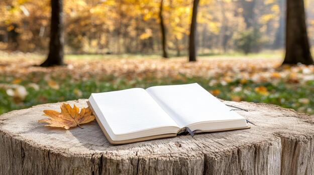 An open book is sitting on a stump in the middle of a forest photo