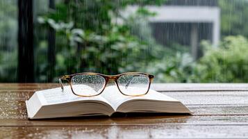 An open book and glasses on a wooden table in the rain photo