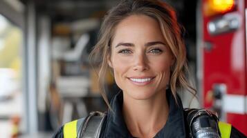 A woman in a fire department uniform smiling photo