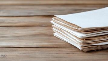 A stack of papers on a wooden table photo