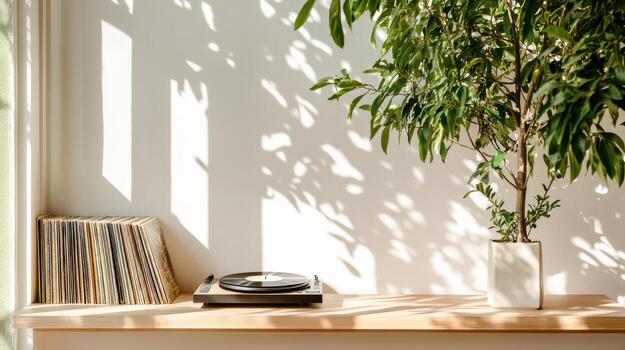 A plant sits on a shelf next to a record player photo