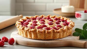 A raspberry tart on a wooden board photo