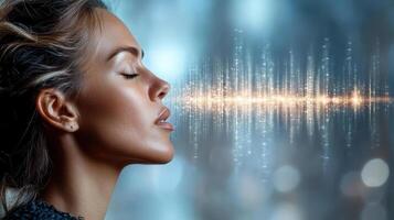A woman is listening to a sound wave photo