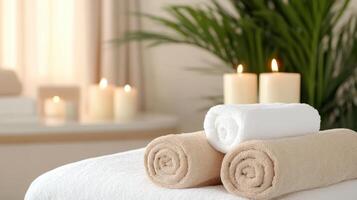 Towels and candles on a massage table photo