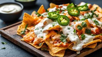 Nachos with cheese and sauce on a wooden board photo