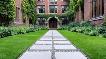 A walkway in front of a building with green grass photo