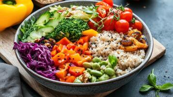 A bowl of vegetables and rice with vegetables photo
