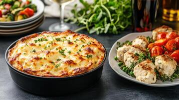 A bowl of cheesy potato casserole with chicken and vegetables photo