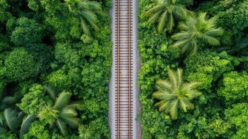 An aerial view of a train track through a tropical forest photo