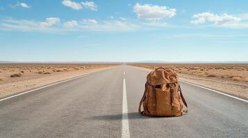 Backpack on empty road photo