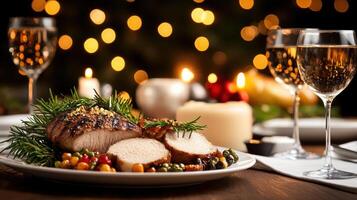 A plate with a roast pork and wine glasses photo