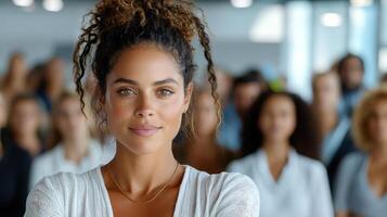 A woman with curly hair standing in front of a crowd photo