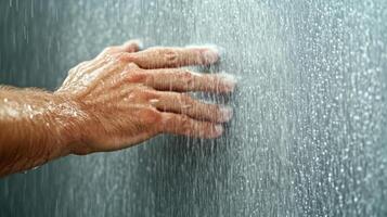 A person's hand is touching a wall with water photo