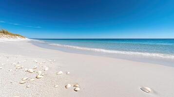 A beach with shells on the sand and a blue sky photo